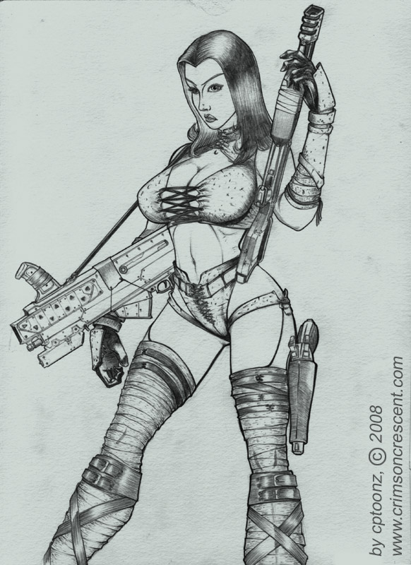 Finished pencil drawing, sexy female with big guns.