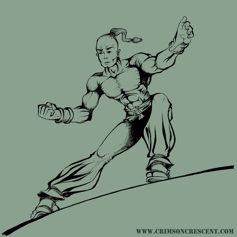Finished ink drawing, the 'Kung Fu Hero' character concept, copyright yours truly.