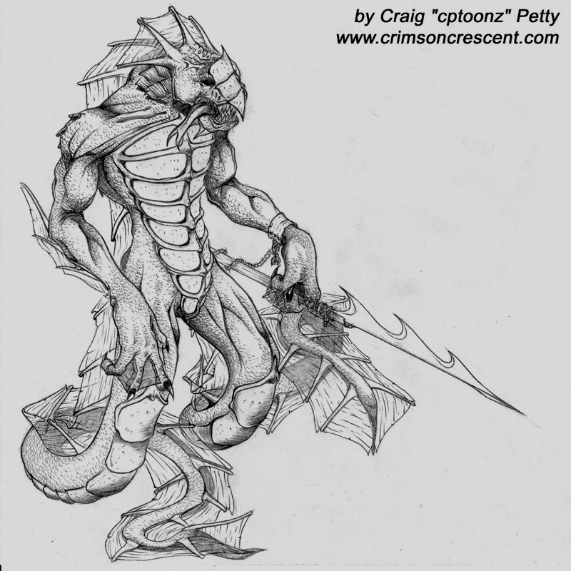  Pencil drawing concept of a troglyde type of sea monster with a harpoon. 