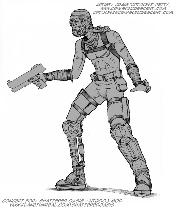 Inked drawing, variant character concept with cybernetic legs.