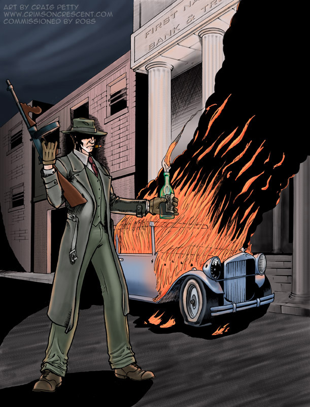 A 30's style gangster with a Thompson Sub Machine Gun, holding a 